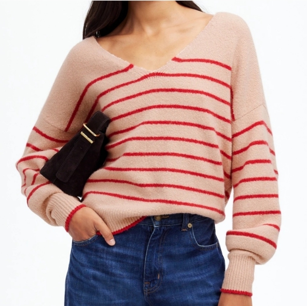 New Madewell Size XS Blush Pink Red Striped Cotton Blend Sweater - Picture 2 of 8